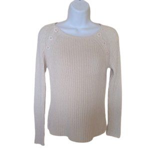 Henley Style Beige Ribbed Sweater Size Large Fits Medium